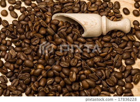 coffee seeds with wooden shovel on wood background coffee seeds with wooden shovel on wood background 17836228