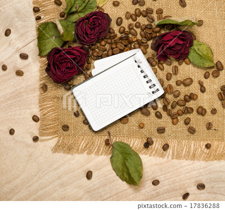 blank sheet and dry red roses on coffee seeds blank sheet and dry red roses on coffee seeds 17836288
