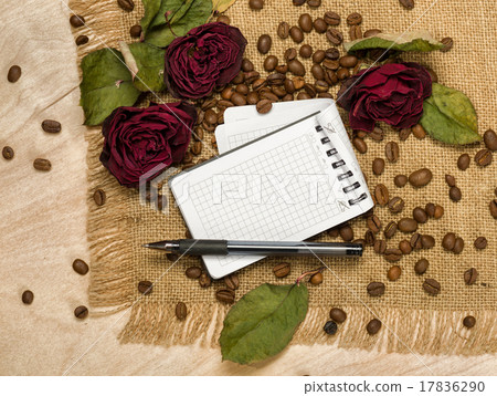 blank sheet and dry red roses on coffee seeds blank sheet and dry red roses on coffee seeds 17836290