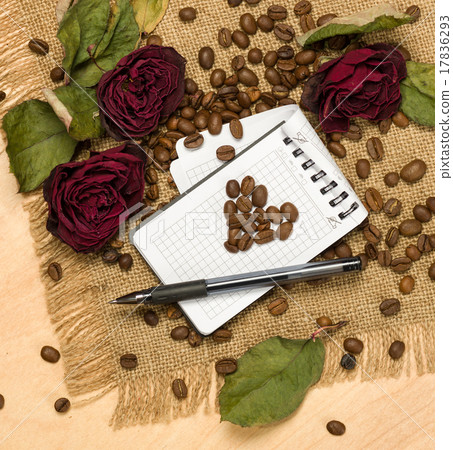 heart shape from coffee on blank sheet dry roses heart shape from coffee on blank sheet dry roses 17836293