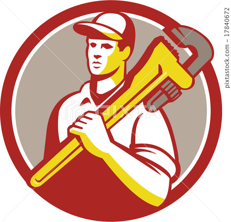 Plumber Holding Monkey Wrench Circle Retro Plumber Holding Monkey Wrench Circle Retro 17840672