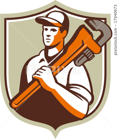 Plumber Holding Monkey Wrench Crest Retro 17840673