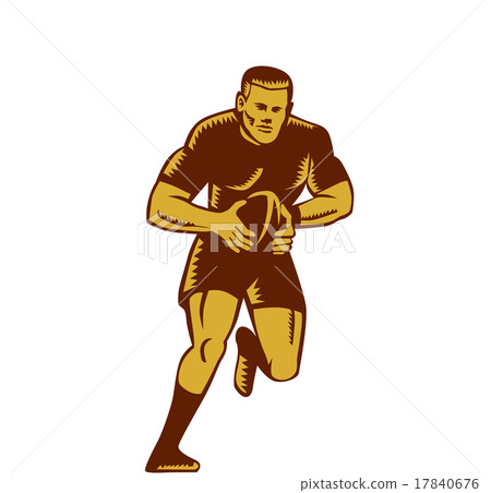Rugby Player Running Ball Woodcut 17840676