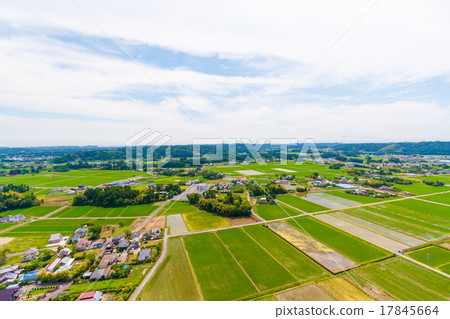 Isuimi市水稻種植完成的綠色和綠色變暗的風景蒙面的風景和天空中的satoyama 17845664