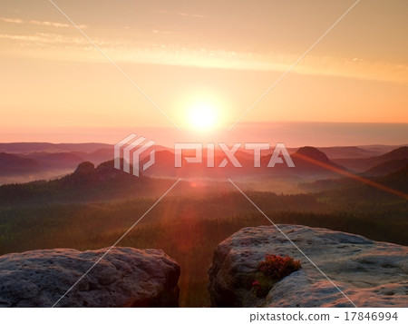 Warm misty autumn land in red colorful shadows. Warm misty autumn land in red colorful shadows. 17846994
