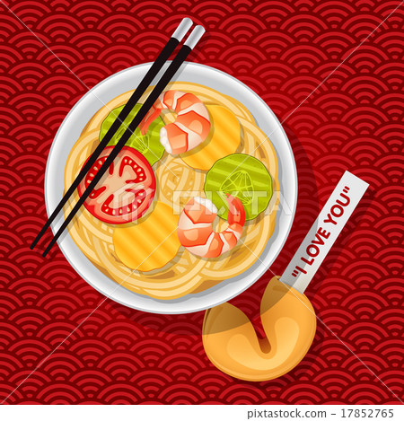 fried noodles with chopsticks and fortune cookie 17852765
