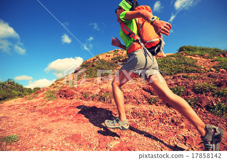 woman backpacker walking on seaside mountain trail woman backpacker walking on seaside mountain trail 17858142