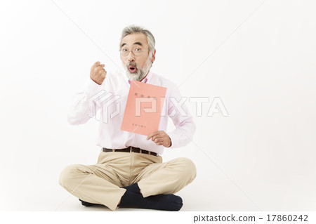 A senior male with a guts pose with a pension notebook scratching his cedar 17860242