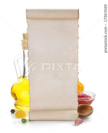 food ingredients and paper isolated on white 17863080