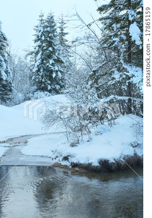 Small winter stream with snowy trees. 17865159