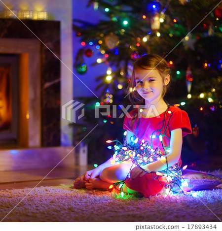 Adorable little girl playing with Christmas lights 17893434