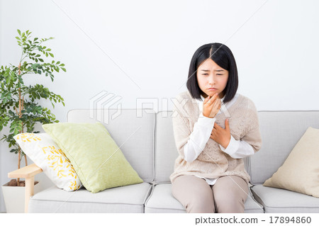 Female portrait nausea feeling bad morning sick married young girls physical condition young people white background white back 17894860