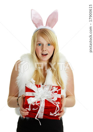 Happy smiling girl with a gift - rabbit Happy smiling girl with a gift - rabbit 17900615