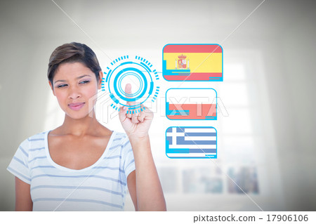 Composite image of beautiful woman touching invisible screen Composite image of beautiful woman touching invisible screen 17906106