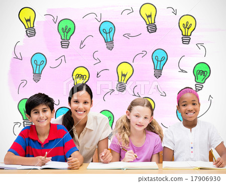 Composite image of pretty teacher helping pupils in library 17906930