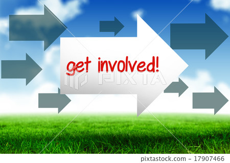 Get involved! against blue sky over green field 17907466