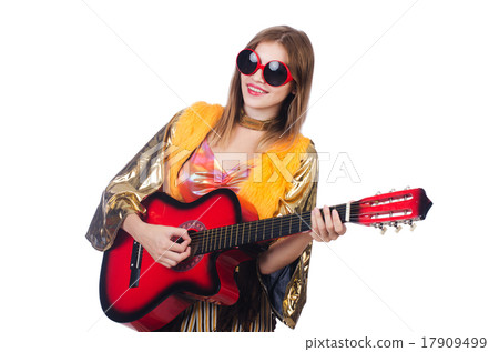 Tall guitar player isolated on white 17909499