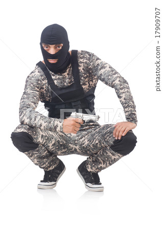 Soldier in camouflage with gun on white Soldier in camouflage with gun on white 17909707