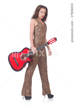 Woman in leopard clothing on white with guitar 17909834