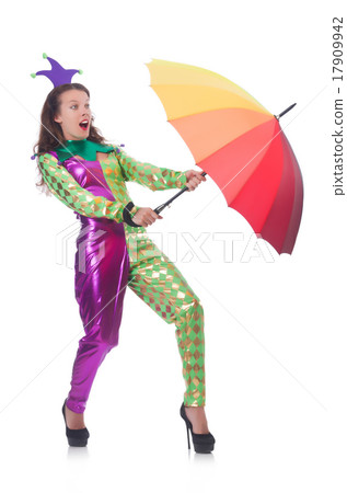Clown with umbrella isolated on white 17909942