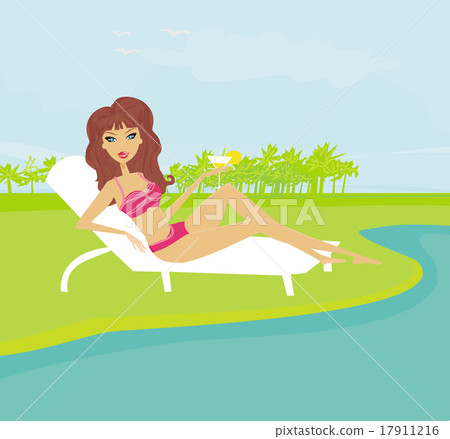 Summer sexy girl in bikini with drink on pool 17911216