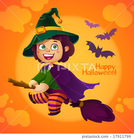 Happy Halloween Witch Girl Flying on Broom.  17911799