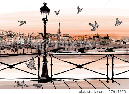 Sunset on Seine river from Pont des arts in Paris 17915253