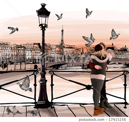 Young couple in love on Pont des arts in Paris 17915256