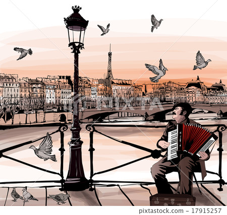 Accodionist playing on Pont des arts in Paris 17915257