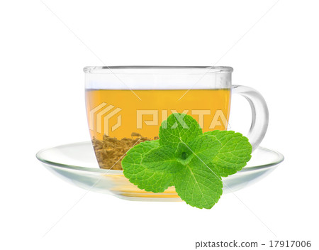 Transparent cup of green tea and mint herb Transparent cup of green tea and mint herb 17917006
