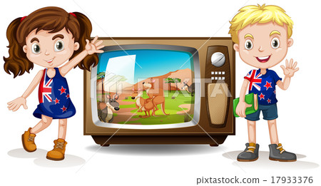 Australian girl and boy waving 17933376
