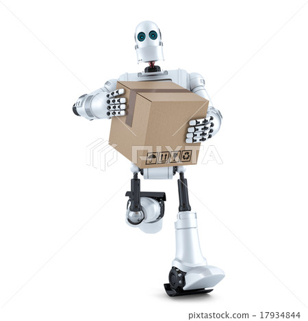 Robot runs with parcel box. Isolated clipping path 17934844