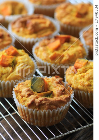 Homemade pumpkin muffins on a cake cooler Homemade pumpkin muffins on a cake cooler 17940334