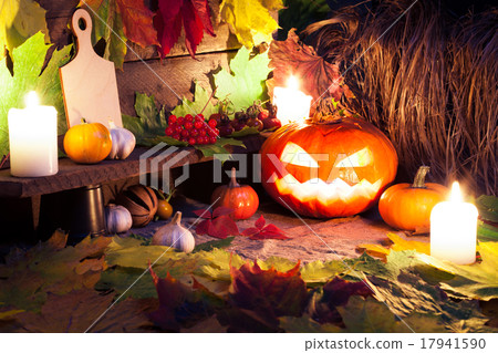 Halloween pumpkins on wooden table background Halloween pumpkins on wooden table background 17941590