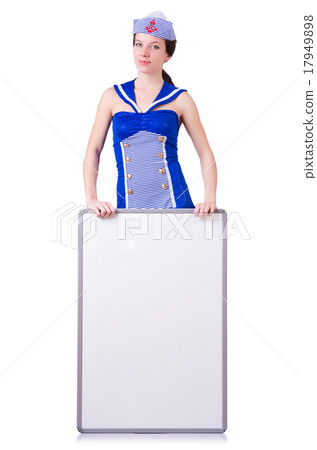 Stewardess with blank board on white Stewardess with blank board on white 17949898