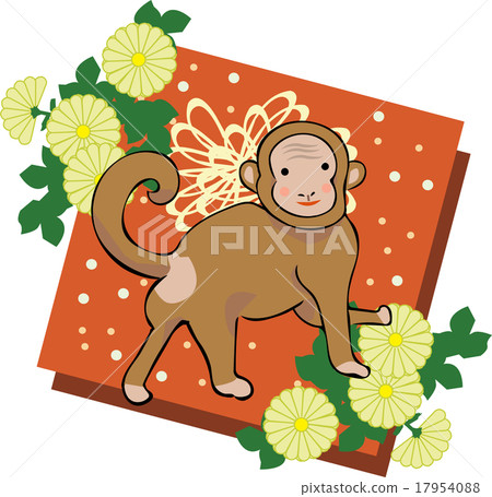 猴子和菊花紅色背景新年的卡片材料 17954088