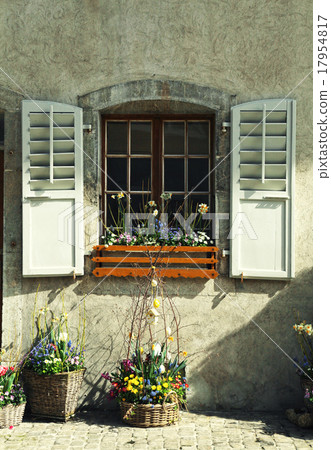 rustic window with old shutters and flower pots  17954817