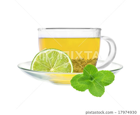 Transparent cup of green tea with lime and mint Transparent cup of green tea with lime and mint 17974930