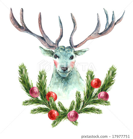 Christmas watercolor greeting card with reindeer - Stock Illustration ...
