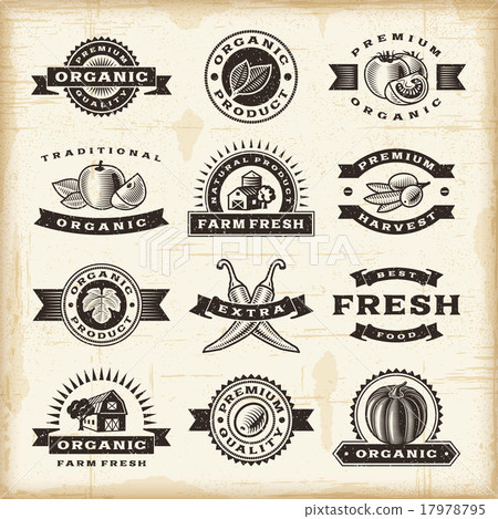 Vintage organic harvest stamps set 17978795