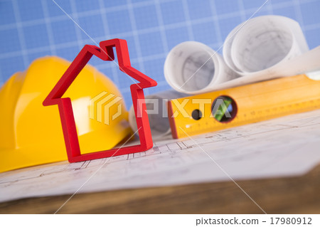 Yellow helmet, project drawings and house model Yellow helmet, project drawings and house model 17980912