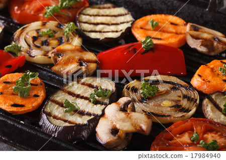 vegetables cooked in a black skillet grill macro vegetables cooked in a black skillet grill macro 17984940