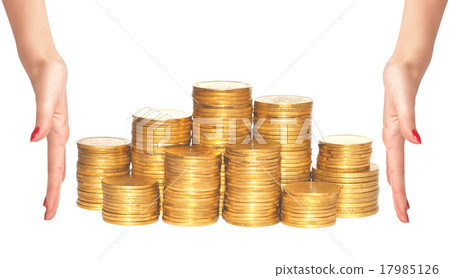 golden coins and woman hands isolated on white golden coins and woman hands isolated on white 17985126