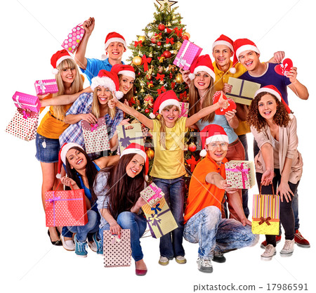 Group people adult and kid  with gift box near 17986591