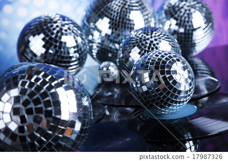 Stock Photo: Disco Balls, sound waves and Music background