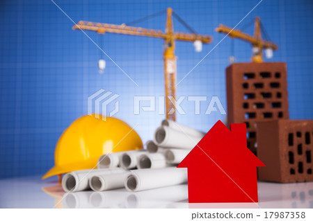 Construction site, crane and Blueprints Construction site, crane and Blueprints 17987358