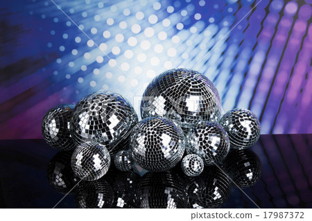 Stock Photo: Disco Balls, sound waves and Music background