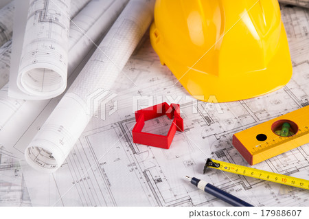Architectural project and Yellow helmet and house Architectural project and Yellow helmet and house 17988607