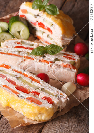 Sliced chicken casserole and vegetables vertical Sliced chicken casserole and vegetables vertical 17988859
