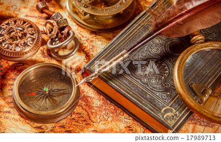 Vintage magnifying glass lies on an ancient world map 17989713